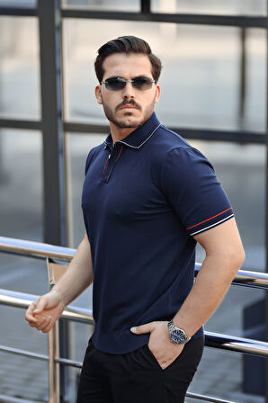 Premium Şerit Detaylı Viskon Polo Yaka Triko Erkek T-Shirt - Lacivert