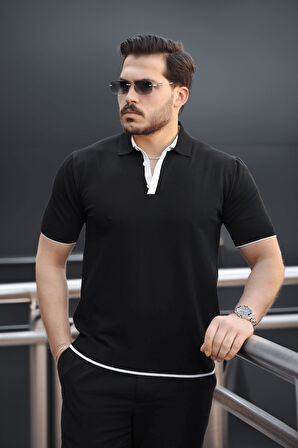 Premium Şerit Detaylı Viskon Polo Yaka Triko Erkek T-Shirt - Siyah