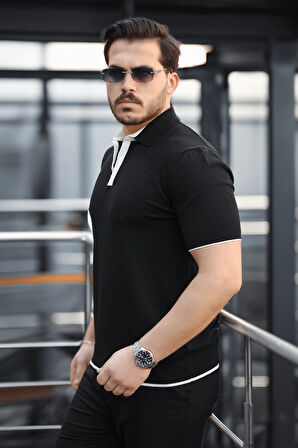Premium Şerit Detaylı Viskon Polo Yaka Triko Erkek T-Shirt - Siyah