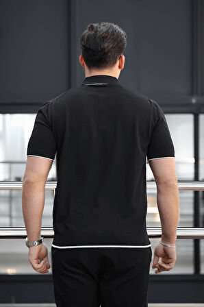 Premium Şerit Detaylı Viskon Polo Yaka Triko Erkek T-Shirt - Siyah