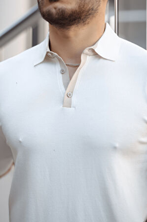 Premium Şerit Detaylı Viskon Polo Yaka Triko Erkek T-Shirt - Ekru