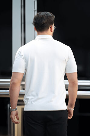 Premium Şerit Detaylı Viskon Polo Yaka Triko Erkek T-Shirt - Ekru