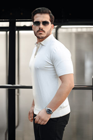 Premium Şerit Detaylı Viskon Polo Yaka Triko Erkek T-Shirt - Ekru