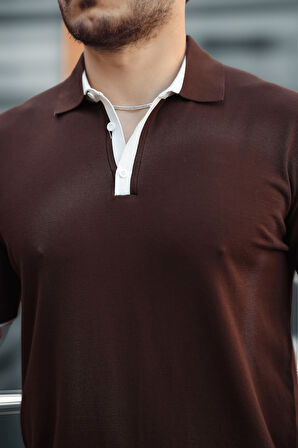 Premium Şerit Detaylı Viskon Polo Yaka Triko Erkek T-Shirt - Kahve