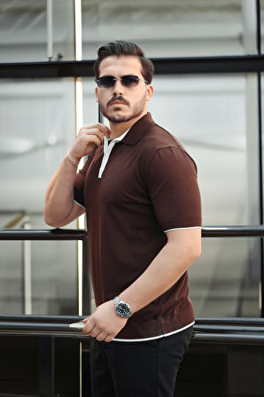 Premium Şerit Detaylı Viskon Polo Yaka Triko Erkek T-Shirt - Kahve