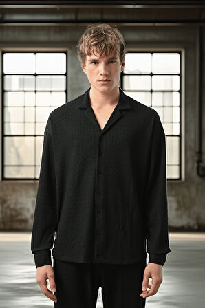 Apaş Yaka Uzun Kol Gölge Dokulu Gömlek - Siyah