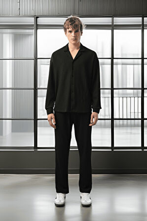 Apaş Yaka Uzun Kol Gölge Dokulu Gömlek - Siyah