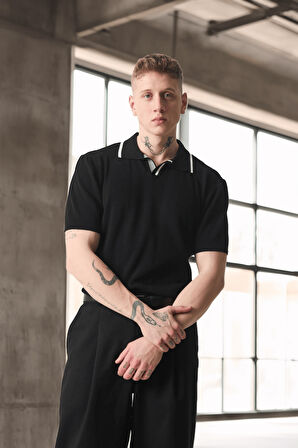 Yakası Şeritli Viskon Polo Yaka Triko Erkek T-Shirt - Siyah