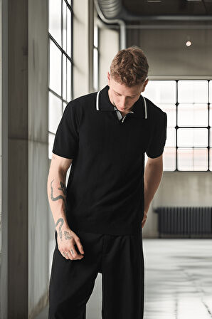 Yakası Şeritli Viskon Polo Yaka Triko Erkek T-Shirt - Siyah