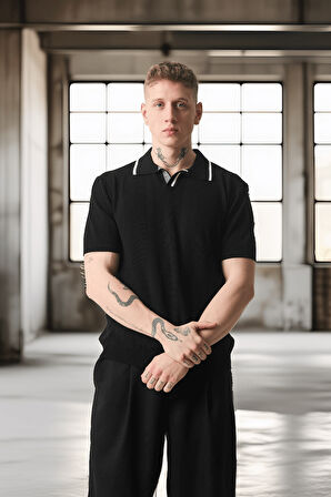 Yakası Şeritli Viskon Polo Yaka Triko Erkek T-Shirt - Siyah