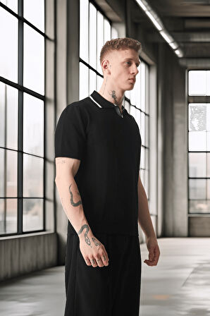 Yakası Şeritli Viskon Polo Yaka Triko Erkek T-Shirt - Siyah