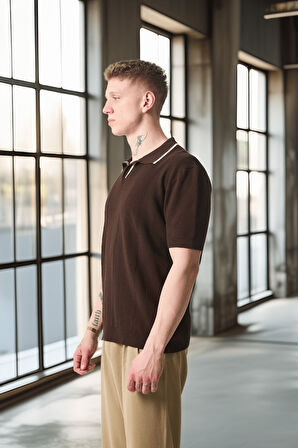 Yakası Şeritli Viskon Polo Yaka Triko Erkek T-Shirt - Kahve