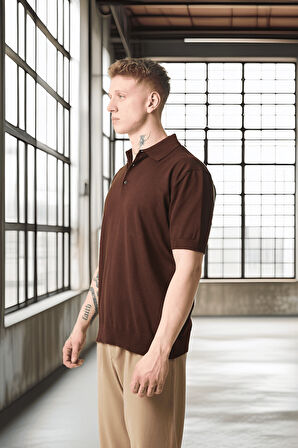 Polo Yaka Basic Düğmeli  Triko Erkek T-Shirt - Kahve