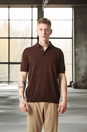Polo Yaka Basic Düğmeli  Triko Erkek T-Shirt - Kahve