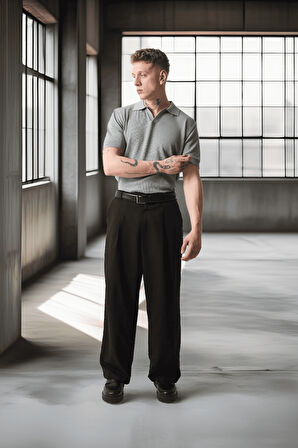 Örme Desenli Viskon Polo Yaka Triko Erkek T-Shirt - Gri