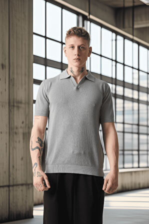 Örme Desenli Viskon Polo Yaka Triko Erkek T-Shirt - Gri
