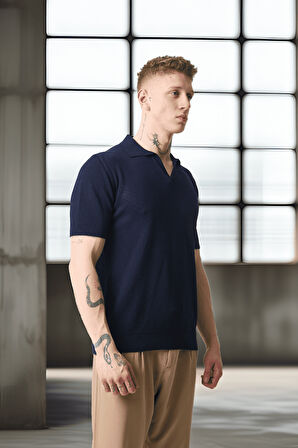 Örme Desenli Viskon Polo Yaka Triko Erkek T-Shirt - Lacivert