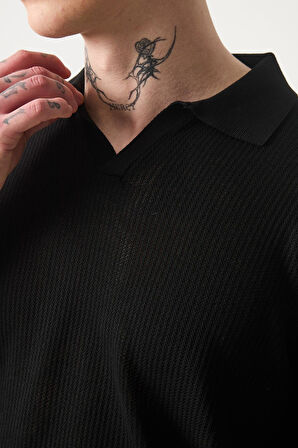 Örme Desenli Viskon Polo Yaka Triko Erkek T-Shirt - Siyah