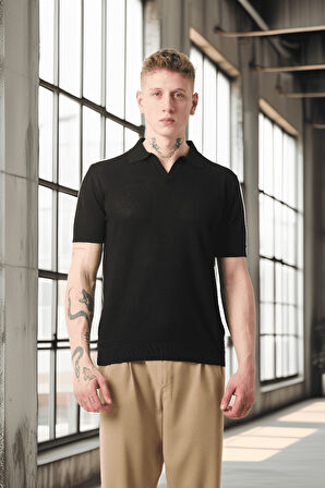 Örme Desenli Viskon Polo Yaka Triko Erkek T-Shirt - Siyah