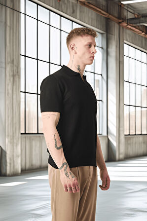 Örme Desenli Viskon Polo Yaka Triko Erkek T-Shirt - Siyah