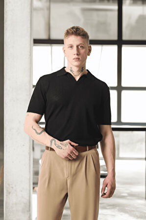 Örme Desenli Viskon Polo Yaka Triko Erkek T-Shirt - Siyah