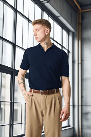 Polo Yaka Basic Düğmeli Triko Erkek T-Shirt - Lacivert