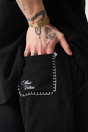 Nakış Detaylı Müslin Kumaş Erkek Takım Şort - Siyah