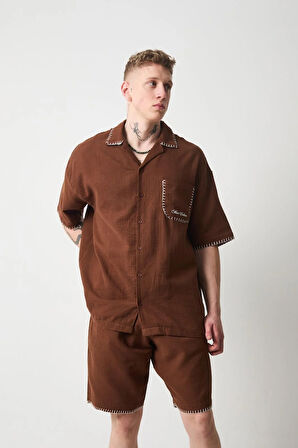 Nakış Detaylı Müslin Kumaş Erkek Takım Şort - Kahve