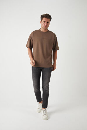 Panel Detaylı Basic Oversize Erkek T-Shirt - Kahve
