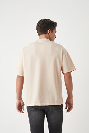 Panel Detaylı Basic Oversize Erkek T-Shirt - Bej