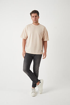 Panel Detaylı Basic Oversize Erkek T-Shirt - Bej