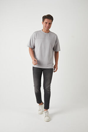Panel Detaylı Basic Oversize Erkek T-Shirt - Gri