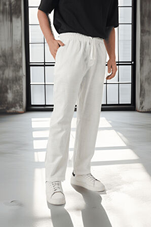 Hafif ve Nefes Alabilir Pamuklu Rahat Kalıp Baggy Erkek Pantolon - Ekru