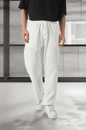 Hafif ve Nefes Alabilir Pamuklu Rahat Kalıp Baggy Erkek Pantolon - Ekru