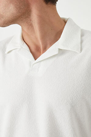 Havlu Kumaş Polo Yaka Erkek T-Shirt - Ekru