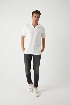Havlu Kumaş Polo Yaka Erkek T-Shirt - Ekru
