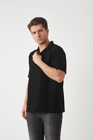 Havlu Kumaş Polo Yaka Erkek T-Shirt - Siyah 