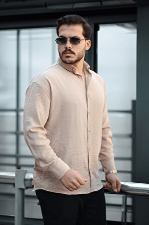 Pera Kumaş Keten Görünümlü Yarım Oversize Uzun kollu Erkek Gömlek- Bej