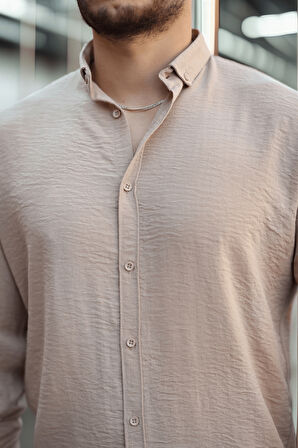 Pera Kumaş Keten Görünümlü Yarım Oversize Uzun kollu Erkek Gömlek- Bej