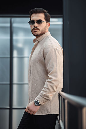 Pera Kumaş Keten Görünümlü Yarım Oversize Uzun kollu Erkek Gömlek- Bej