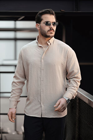 Pera Kumaş Keten Görünümlü Yarım Oversize Uzun kollu Erkek Gömlek- Bej