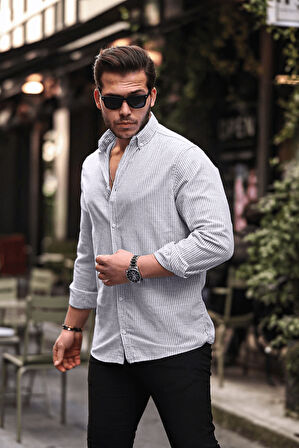 Dik Şerit Çizgili Flam Keten Gömlek - Siyah