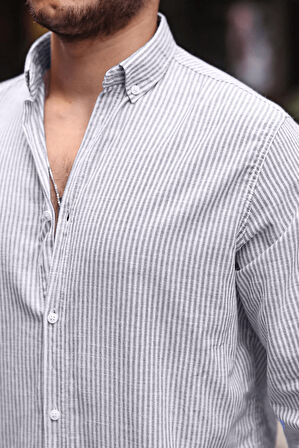 Dik Şerit Çizgili Flam Keten Gömlek - Siyah