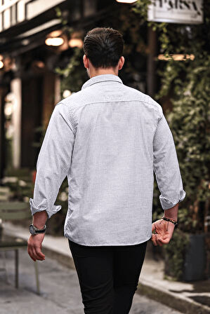 Dik Şerit Çizgili Flam Keten Gömlek - Siyah