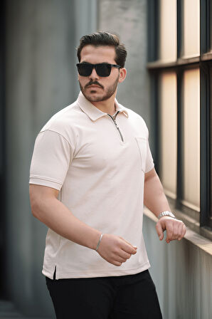 Yarım Fermuar Tek Cepli Erkek T-Shirt - Bej