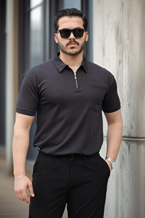 Yarım Fermuar Tek Cepli Erkek T-Shirt - Siyah