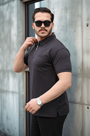 Yarım Fermuar Tek Cepli Erkek T-Shirt - Siyah