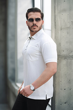 Yarım Fermuar Tek Cepli Erkek T-Shirt - Beyaz