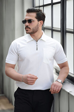 Yarım Fermuar Tek Cepli Erkek T-Shirt - Beyaz