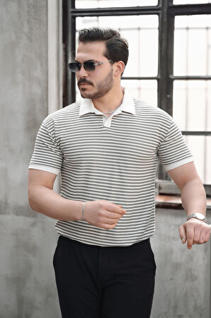 Çizgili Örme Desenli Polo Yaka Erkek T-Shirt - Yeşil